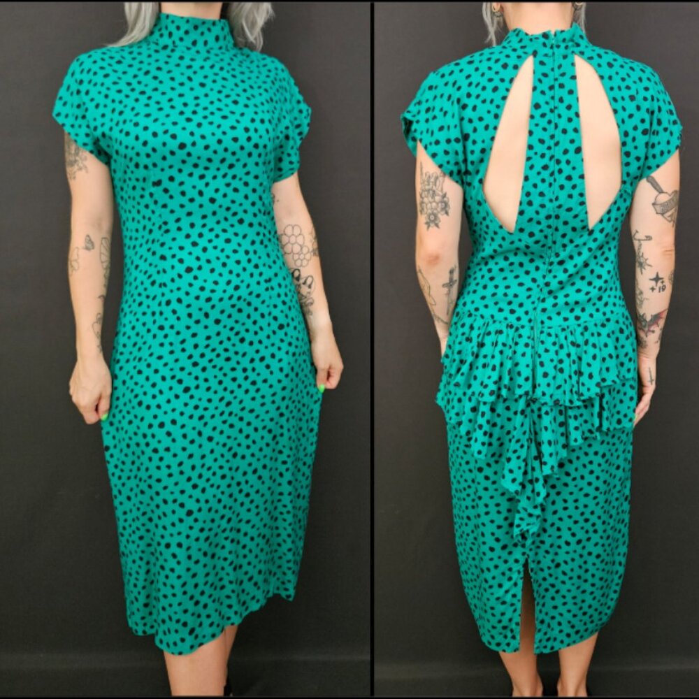 90s Milanzo Dotted Ruffled Cut Out Back Dress